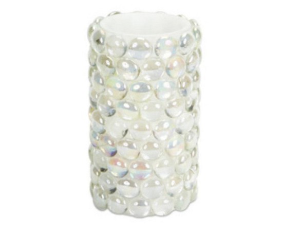 Melrose 6" Prelit LED Battery Operated Beaded Flameless Pillar Candle with Amber Flicker Flame - White