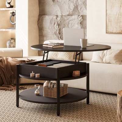 WOWLIVE 27"W Lift-Top Wood Coffee Table, Small Round Cocktail Table with Storage for Living Room, CT007