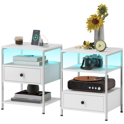 CIPACHO Set of 2 Side Tables with Charging Stations and LED Lights, End Tables with Drawer and Shelves for Living Room, White