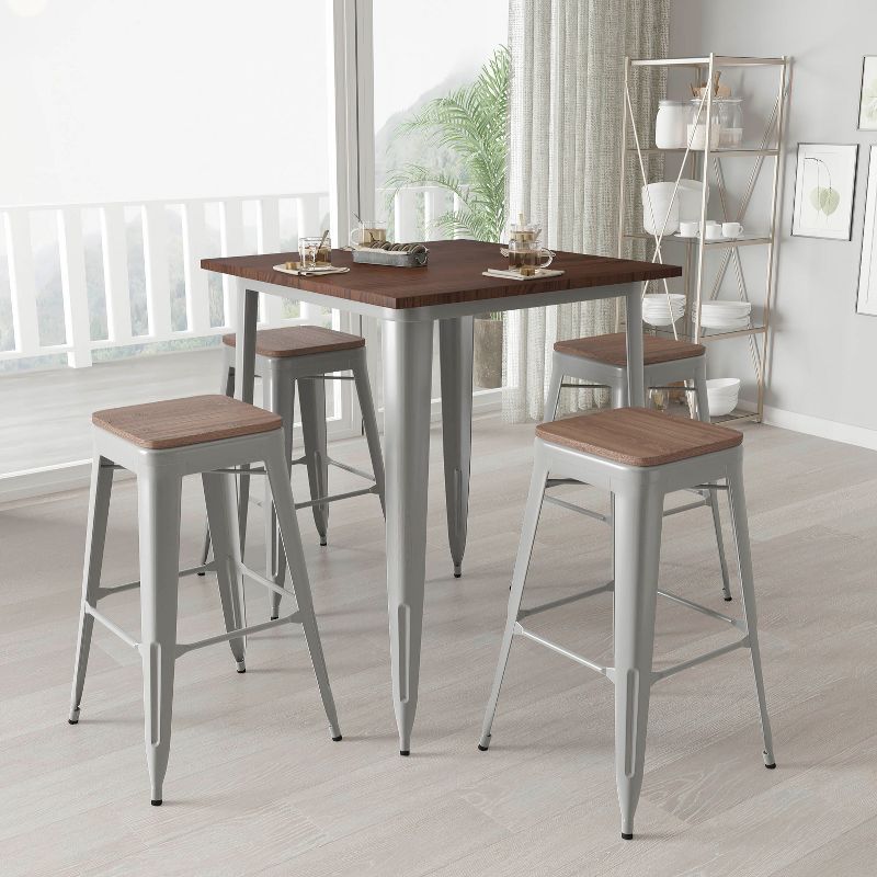 Merrick Lane 5 Piece Bar Table and Stools Set with 31.5" Square Silver Metal Table with Wood Top and 4 Matching Bar Stools, 3 of 5