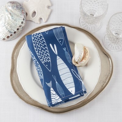Navy Blue Fish Design Cotton Table Napkins, 20 in, Set of 4
