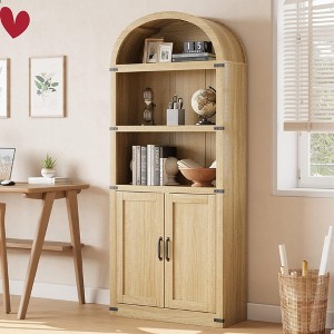 L-Shape Arched Bookcase w/ Doors Tall Bookshelf Farmhouse Bookcase Cabinet w/ Shelves Wooden - 1 of 4