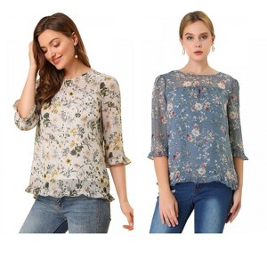Allegra K Women's Round Neck Ruffle 3/4 Sleeve Floral Print Chiffon Blouse 2 Pcs - 1 of 4