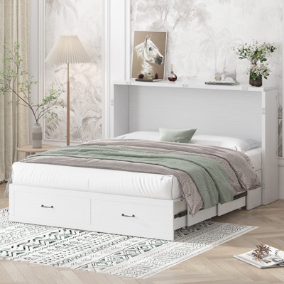 Mjkone Queen Murphy Bed with Charging Station,Space-Saving Cube Cabinet Foldable Bed with Mattress