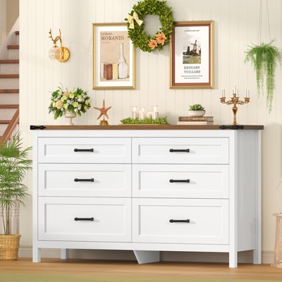 USIKEY Farmhouse 6 Drawer Dressers for Bedroom, 47.2'' Wide Wood Chest of Drawers , Dresser for Closet, Bedroom Dresser for Living Room, White