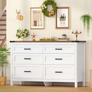 USIKEY Farmhouse 6 Drawer Dressers for Bedroom, 47.2'' Wide Wood Chest of Drawers , Dresser for Closet, Bedroom Dresser for Living Room, White - 1 of 4