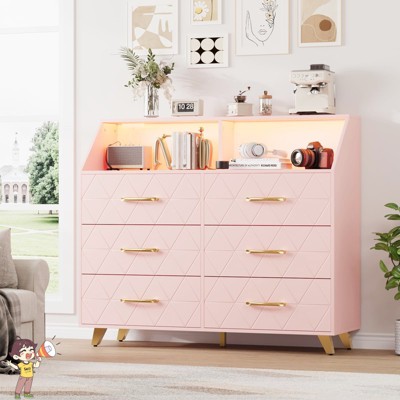 Jojoka 6 Drawer Dresser with LED Lights & Charging Station, Modern TV Stand Storage Chest for Bedroom, Hallway, Living Room