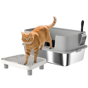 PawHut Stainless Steel Litter Box with High Sides, Extra Large Metal Cat Litter Box with Scoop, Pedal, Gray - 1 of 4
