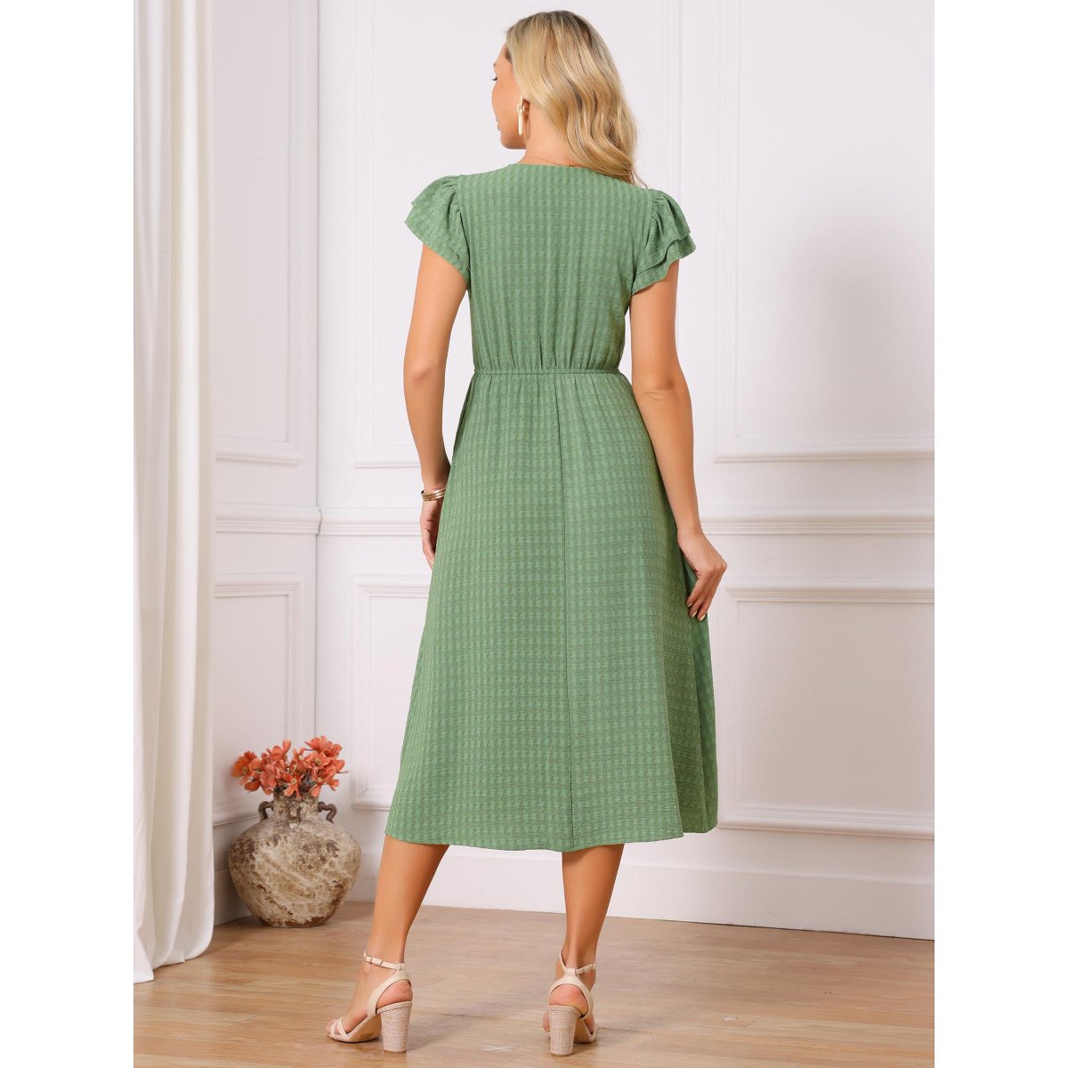 Женские платья INSPIRE CHIC Women's Summer Dresses 2026 Ruffle Short Sleeve V Neck Button Flowy A-Line Midi Dress Small Green — фото 4