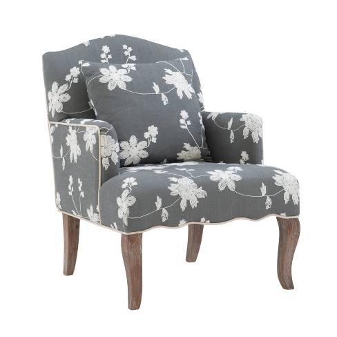 Traditional Floral Upholstered Embroidered Linen French Accent Armchair Gray Linon Target