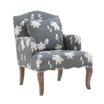 Traditional Floral Upholstered Embroidered Linen French Accent Armchair - Gray - Linon