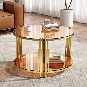 Glass Coffee Table Round Center Table Cocktail Table Accent Table Sofa Table with Gold Metal Drum Frame, Transparent/Black/Brown-ModernLuxe - 1 of 4