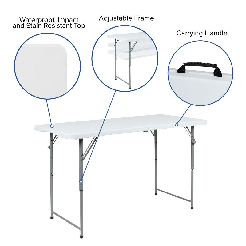 Flash Furniture 4-Foot Height Adjustable Bi-Fold Granite White Plastic Folding Table, 4 of 12