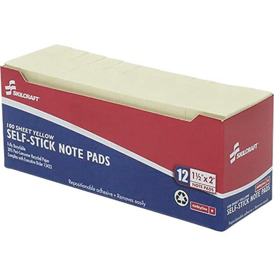 Skilcraft Standard Adhesive Notes 1.5" x 2" Yellow 100 Sheets/Pad 773036