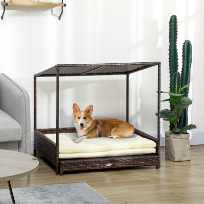 LAOTIES Wicker Dog House,Elevated Rattan Pet Bed With Extendable Area,Waterproof Roof And Removable Cushion,Indoor And Outdoor Use