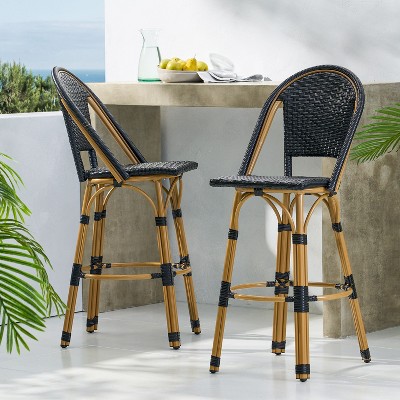 Set of 2 29.5" Outdoor PE Rattan and Aluminum French Barstools, Black and Bamboo Finish-Christopher Knight Home