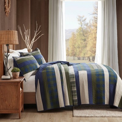 Blue and Green Plaid Cotton King Quilt Set