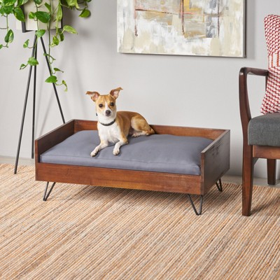 Mewoofun Acacia Wood Pet Bed,Dog Bed Fabric Plush Tufted Cushion and Minimalist Hairpin Legs Fit Small Dogs