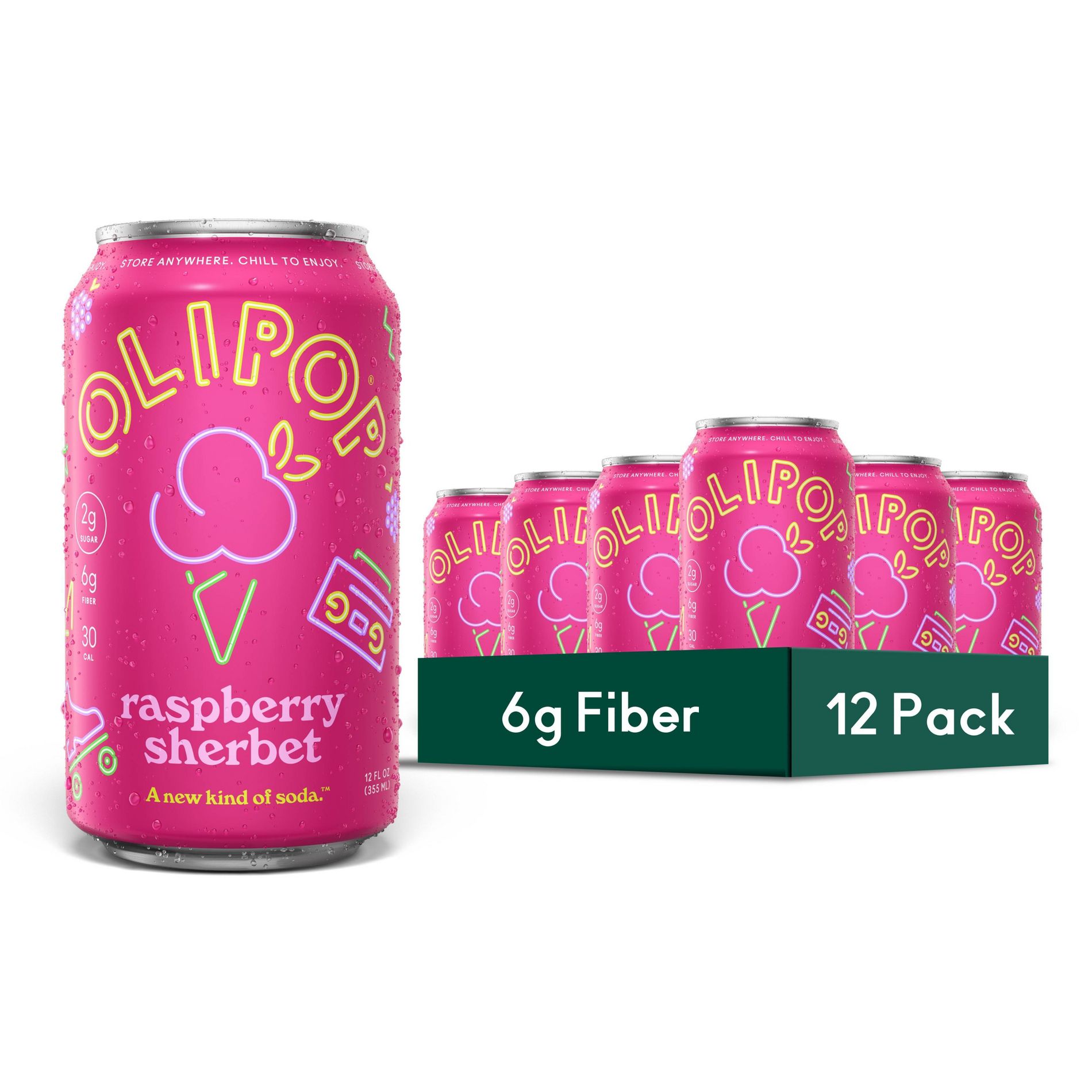 OLIPOP 6g Fiber Prebiotic Soda, Raspberry Sherbet - 12pk/12oz Cans