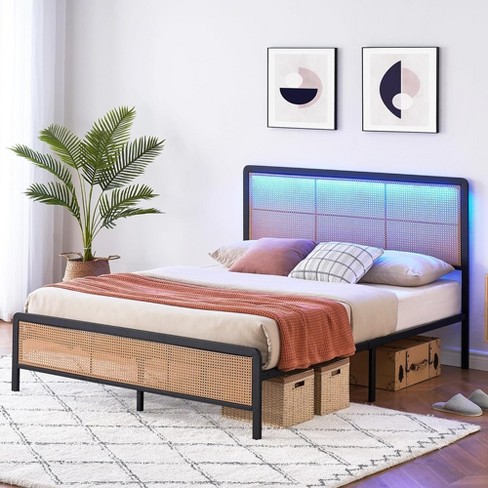 Trinity Bed Frame With Led Lights & Curved Rattan Headboard & Wooden  Support Legs, No Box Spring Needed, Easy Assembly : Target