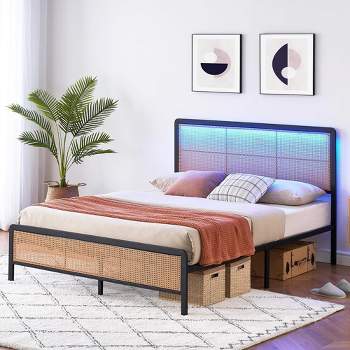 Trinity Rattan Platform Bed Frame with Headboard, Modern Style Cane Boho Bed Frames with Heavy Duty Sturdy Steel Slat Support, White
