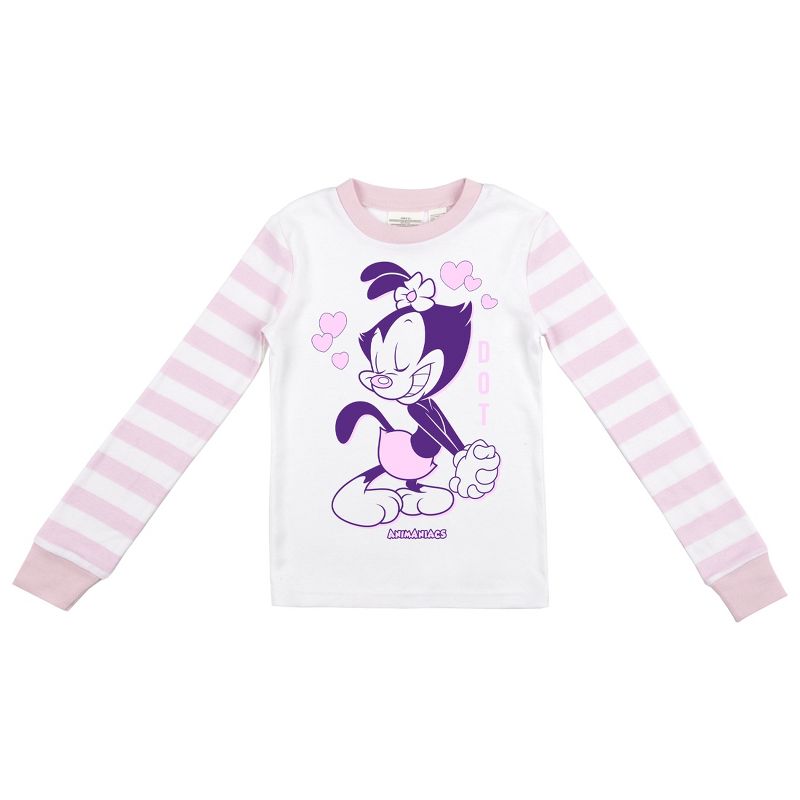Animaniacs Dot and Hearts with Pink and White Stripe Pattern Youth Girl's Long Sleeve Pajama Set, 2 of 5