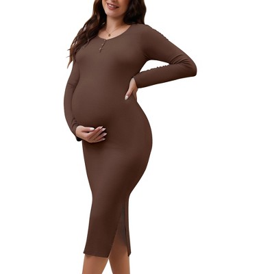 INSPIRE CHIC Women's Split Maternity Dress Long Sleeve Henley Collar Button Bodycon Ribbed Knit Pregnancy Photoshoot