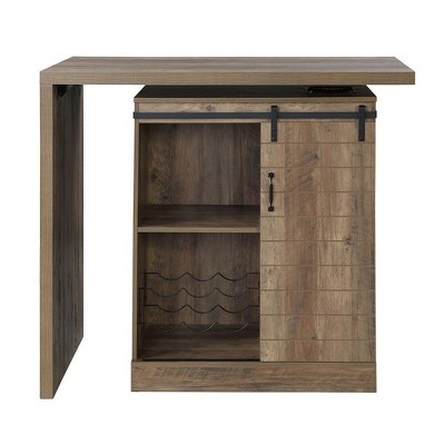 Rustic Oak Farmhouse-Industrial Bar Table with Swivel Top and Wine Rack