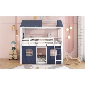 Okak Twin Wood Bunk Bed with Elegant Windows, Sills,Tent, Castle Loft Bed with Slide for Toddler Kids Teens Easy Assemble No Box Soring Needed, Blue - 1 of 4