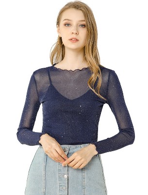 INSPIRE CHIC Women's Long Sleeve Spaghetti Strap Party Mesh Tops