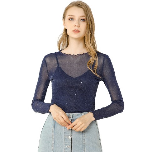 Allegra K Women's Mesh Crop Top Stars Pattern Glitter Sheer See