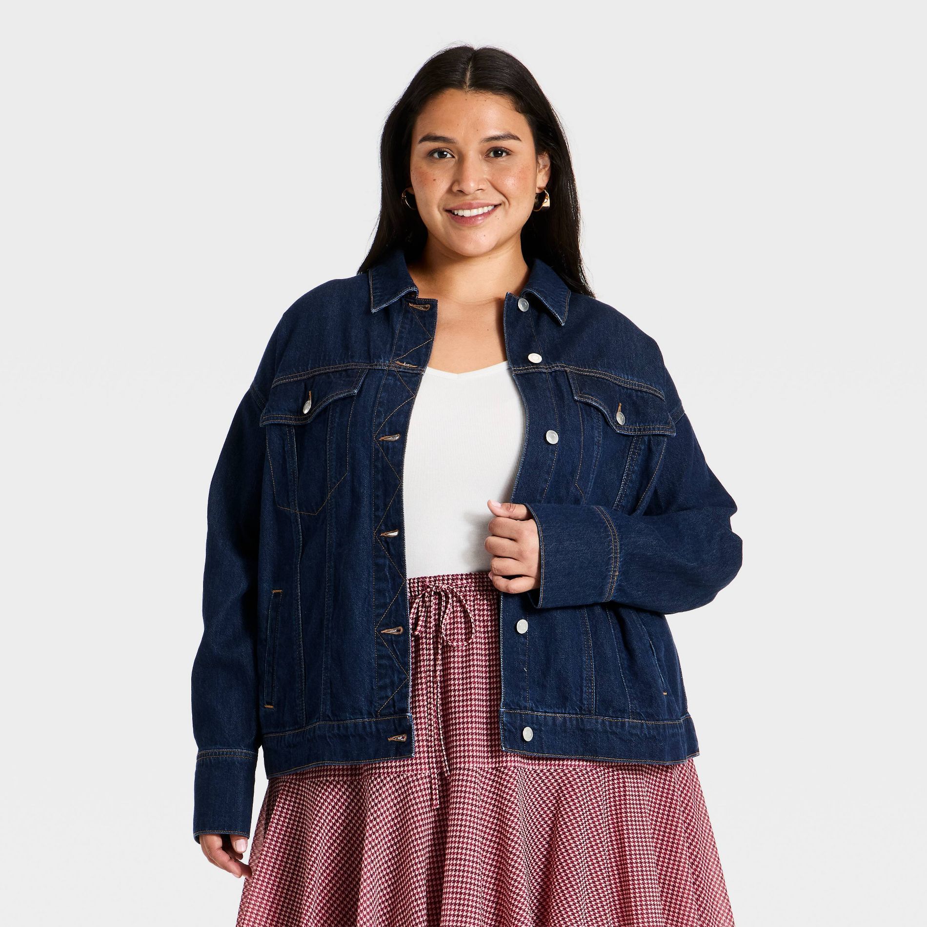 Women's Plus Boyfriend Trucker Denim Jacket - Ava & Viv™ Dark Wash