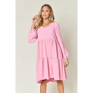 I am a Fashion junky Double Take Full Size V-Neck Balloon Sleeve Tiered Dress with Pockets - 1 of 4