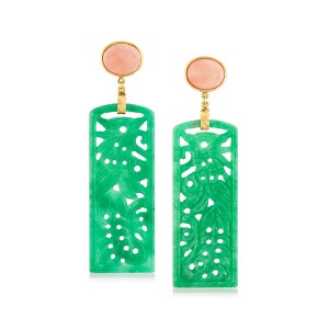 Ross-Simons Carved Green Jade and Pink Coral Drop Earrings in 14kt Gold Over Sterling - 1 of 4