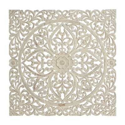 Wood Floral Handmade Intricately Carved Wall Decor with Mandala Design Set  of 3 Beige - Olivia & May