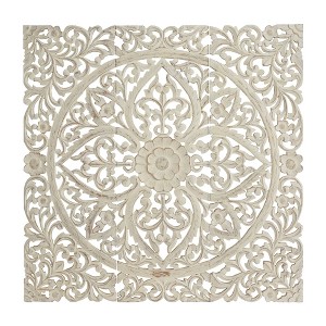 Wood Floral Handmade Intricately Carved Wall Decor with Mandala Design Set of 3 Beige - Olivia & May - 1 of 4