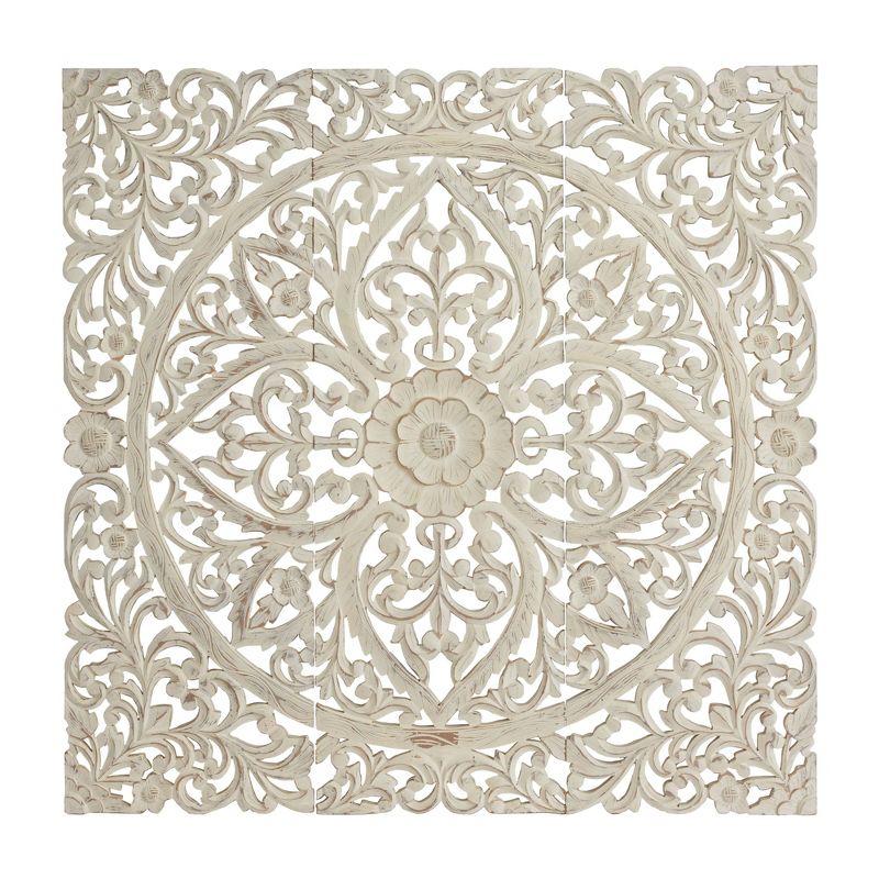 Wood Floral Handmade Intricately Carved Wall Decor with Mandala Design Set of 3 Beige - Olivia &#38; May, 1 of 22