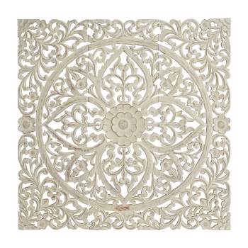 Wood Floral Handmade Intricately Carved Wall Decor with Mandala Design Set of 3 Beige - Olivia & May