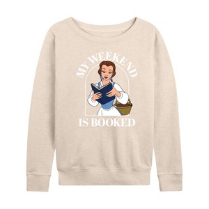 Women's - Disney Princess - Belle My Weekend Is Booked Lightweight French Terry Wide Neck Long Sleeve Shirt - 1 of 4