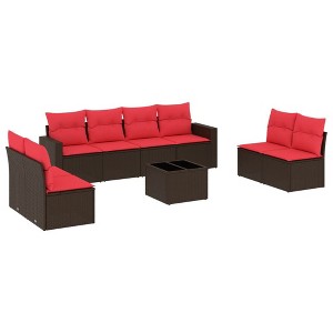 vidaXL 9 Piece Patio Sofa Set with Cushions Black Poly Rattan - Brown and Red With Table - 1 of 4