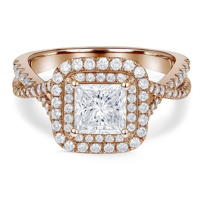 1 Carat Square Cut Moissanite Ring - Double Halo Ring - Cluster Ring - 18k Rose Gold Plated