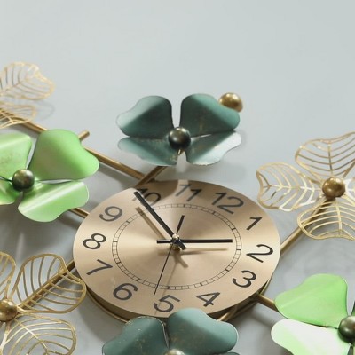 Oversized Gold and Green Metal Leaf Art Wall Clock