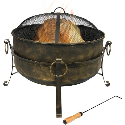 Sunnydaze Outdoor Camping or Backyard Round Cauldron Fire Pit with Spark Screen, Log Poker, and Metal Wood Grate - 24"