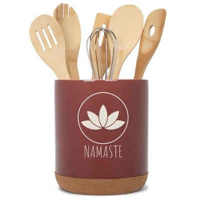 Elanze Designs Yoga Zen Calming Calm Namaste Relaxed Ceramic Cork Bottom Red Large Capacity Utensil Holder Crock for Countertop Storage, Stylish &