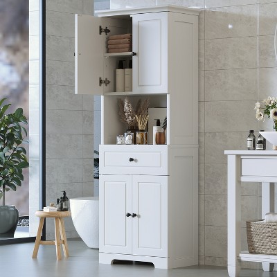 67.7"H Bathroom Cabinet with Four Doors, 1 Drawer and Open Storage Shelf, White 4S - ModernLuxe