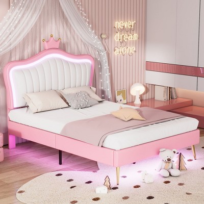 CAVINAS Twin/Full/Queen Size Upholstered Platform Bed Frame with Crown Headboard & LED Lights,No Box Spring Needed
