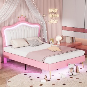 NicBex Twin/Full/Queen Upholstered Platform Bed Frame with LED Lights,Princess Bed Frame with Crown Headboard for Girls,Easy Assembly,Noise-Free - 1 of 4