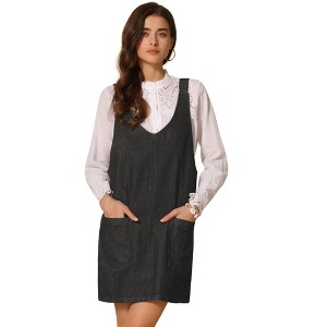 INSPIRE CHIC Women's Sleeveless Casual Denim Adjustable Strap V Neck Front Pockets Overall Mini Dress - 1 of 4