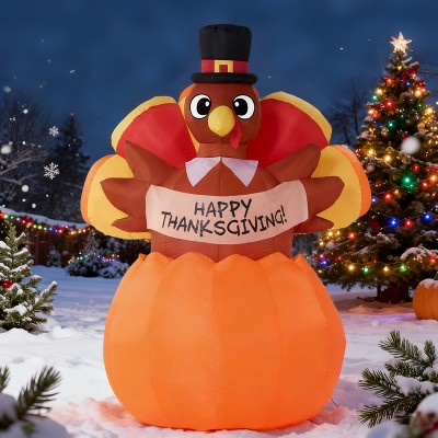 Joyfy 6FT Thanksgiving Inflatables Turkey on Pumpkin Outdoor Decorations, Thanksgiving LED Light-Up Inflatable Decoration for Garden Lawn Yard Party