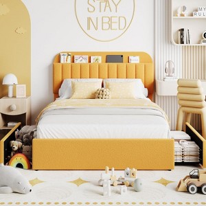Boucle Twin Bed Frame w/Bookcase Headboard & 2 Drawers, Kids Platform Bedframe, Easy Assembly, No Box Spring, Noise Free - 1 of 4